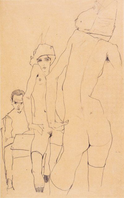 Schiele with Nude Model in Front of the Mirror by Egon Schiele